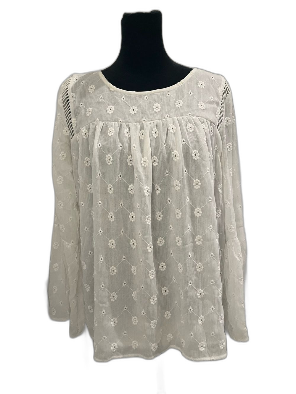 LOFT Ivory Floral Embroidered Sheer Long Sleeve Blouse Top Size S
